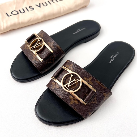 Louis Vuitton Shoes - LOUIS VUITTON | LV Monogram Gold Lock It Flat Mule Sandals Slides EU 38